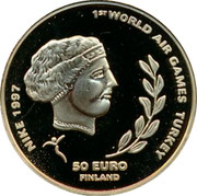 Finland 50 Euro First World Air Games Turkey 1997 Proof 1ST WORLD AIR GAMES TURKEY NIKE 1997 50 EURO FINLAND coin obverse Finland 50 Euro First World Air Games Turkey 1997 Proof 1ST WORLD AIR GAMES TURKEY NIKE 1997 50 EURO FINLAND coin obverse