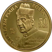 Malta 50 Euro Poet Dun Karm Psaila 2013 Proof KM# 153 DUN KARM PSAILA POETA 1871-1961 50 EURO coin reverse Malta 50 Euro Poet Dun Karm Psaila 2013 Proof KM# 153 DUN KARM PSAILA POETA 1871-1961 50 EURO coin reverse