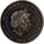 Australia 8 Dollars End of WWI 100th Anniversary 2018 ELIZABETH II AUSTRALIA 5 OZ 9999 AG 2018 8 DOLLARS coin obverse Australia 8 Dollars End of WWI 100th Anniversary 2018 ELIZABETH II AUSTRALIA 5 OZ 9999 AG 2018 8 DOLLARS coin obverse