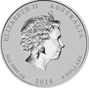 Australia 8 Dollars Year of the Dog. Coloured 2018 ELIZABETH II AUSTRALIA 5 OZ 9999 AG 2018 8 DOLLARS IRB coin obverse Australia 8 Dollars Year of the Dog. Coloured 2018 ELIZABETH II AUSTRALIA 5 OZ 9999 AG 2018 8 DOLLARS IRB coin obverse