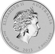 Australia 8 Dollars (Year of the Snake - green and yellow) ELIZABETH II AUSTRALIA 5 OZ 999 SILVER 2013 8 DOLLARS IRB coin obverse Australia 8 Dollars (Year of the Snake - green and yellow) ELIZABETH II AUSTRALIA 5 OZ 999 SILVER 2013 8 DOLLARS IRB coin obverse