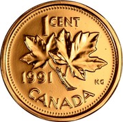 Canada Cent Elizabeth II 3rd portrait 1991 Proof KM# 181 1 CENT K∙G CANADA coin reverse Canada Cent Elizabeth II 3rd portrait 1991 Proof KM# 181 1 CENT K∙G CANADA coin reverse