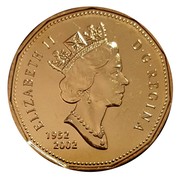 Canada Dollar Elizabeth's II Golden Jubilee Loon 2002 Proof KM# 467 ELIZABETH II D ∙ G ∙ REGINA 1952 2002 coin obverse Canada Dollar Elizabeth's II Golden Jubilee Loon 2002 Proof KM# 467 ELIZABETH II D ∙ G ∙ REGINA 1952 2002 coin obverse