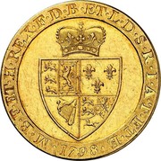 UK 1 Guinea George III (Pattern) 1798 Proof KM# Pn65 M∙B∙F∙ET∙H∙REX∙F∙D∙B∙ET∙L∙D∙S∙R∙I∙A∙T∙ET∙E ∙1798∙ coin reverse UK 1 Guinea George III (Pattern) 1798 Proof KM# Pn65 M∙B∙F∙ET∙H∙REX∙F∙D∙B∙ET∙L∙D∙S∙R∙I∙A∙T∙ET∙E ∙1798∙ coin reverse