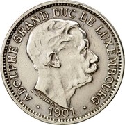 Luxembourg 10 Centimes Adolphe 1901 KM# 25 ADOLPHE GRAND-DUC DE LUXEMBOURG ∙ 1901 ∙ A. MICHAUX coin obverse Luxembourg 10 Centimes Adolphe 1901 KM# 25 ADOLPHE GRAND-DUC DE LUXEMBOURG ∙ 1901 ∙ A. MICHAUX coin obverse