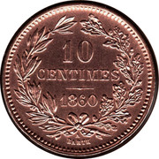 Luxembourg 10 Centimes Willem III 1860 A KM# 23.2 10 CENTIMES 1865 A BARTH coin reverse Luxembourg 10 Centimes Willem III 1860 A KM# 23.2 10 CENTIMES 1865 A BARTH coin reverse