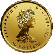 Canada 10 Dollars 40th Anniversary of the Gold Maple Leaf 2019 ELIZABETH II D G REGINA 10 DOLLARS coin obverse Canada 10 Dollars 40th Anniversary of the Gold Maple Leaf 2019 ELIZABETH II D G REGINA 10 DOLLARS coin obverse