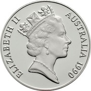 Australia 10 Dollars Sulpher-crested cockatoo. Piedfort 1990 Proof KM# P2 ELIZABETH II AUSTRALIA 1990 coin obverse Australia 10 Dollars Sulpher-crested cockatoo. Piedfort 1990 Proof KM# P2 ELIZABETH II AUSTRALIA 1990 coin obverse