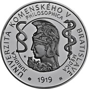 Slovakia 10 Euro 100th anniversary of Comenius University in Bratislava 2019 SLOVENSKO 2019 10 EURO UNIVERSITAS COMENIANA BRATISLAVENSIS coin obverse Slovakia 10 Euro 100th anniversary of Comenius University in Bratislava 2019 SLOVENSKO 2019 10 EURO UNIVERSITAS COMENIANA BRATISLAVENSIS coin obverse