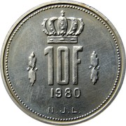 Luxembourg 10 Francs Jean. Grand Duchy 1980 Proof KM# 57a 10F 1980 N.J.L. coin reverse Luxembourg 10 Francs Jean. Grand Duchy 1980 Proof KM# 57a 10F 1980 N.J.L. coin reverse