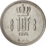 Luxembourg 10 Francs Jean 1974 KM# 57 10F 1974 N.J.L. coin reverse Luxembourg 10 Francs Jean 1974 KM# 57 10F 1974 N.J.L. coin reverse
