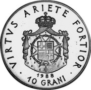 Malta 10 Grani Crowned and Mantled Arms 1988 Proof, unknown in proof set PS83 X# 136 VIRTVS ARIETE FORTIOR 1988 10 GRANI coin reverse Malta 10 Grani Crowned and Mantled Arms 1988 Proof, unknown in proof set PS83 X# 136 VIRTVS ARIETE FORTIOR 1988 10 GRANI coin reverse