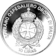 Malta 10 Liras Insignias of Pope 2005 Proof finish X# 325 SOVRANO OSPEDALIERO ORDINE DI MALTA KNIGHTS OF MALTA 2005 10 LIRAS O.S.J. coin obverse Malta 10 Liras Insignias of Pope 2005 Proof finish X# 325 SOVRANO OSPEDALIERO ORDINE DI MALTA KNIGHTS OF MALTA 2005 10 LIRAS O.S.J. coin obverse