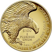 USA $100 American Liberty 2019 W $100 E PLURIBUS UNUM 1 OZ. .9999 FINE GOLD UNITED STATES OF AMERICA coin reverse USA $100 American Liberty 2019 W $100 E PLURIBUS UNUM 1 OZ. .9999 FINE GOLD UNITED STATES OF AMERICA coin reverse