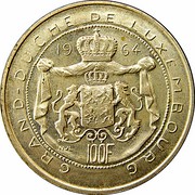 Luxembourg 100 Francs Jean 1964 KM# 54 GRAND-DUCHE DE LUXEMBOURG 1964 100 F NJL coin reverse Luxembourg 100 Francs Jean 1964 KM# 54 GRAND-DUCHE DE LUXEMBOURG 1964 100 F NJL coin reverse