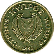 Cyprus 2 Cents Type 1 coat of arms bordered value number 1988 KM# 54.2 CYPRUS ∙ ΚΥΠΡΟΣ ∙ KIBRIS 1960 ∙1990∙ coin obverse Cyprus 2 Cents Type 1 coat of arms bordered value number 1988 KM# 54.2 CYPRUS ∙ ΚΥΠΡΟΣ ∙ KIBRIS 1960 ∙1990∙ coin obverse