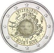 Luxembourg 2 Euro 10 Years of Euro Banknotes and Coins 2012 KM# 119 LËTZEBUERG A. H. € 2002 2012 coin obverse Luxembourg 2 Euro 10 Years of Euro Banknotes and Coins 2012 KM# 119 LËTZEBUERG A. H. € 2002 2012 coin obverse
