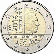Luxembourg 2 Euro 175th Anniversary of independance 2014 KM# 129 1839 2014 LËTZEBUERG ONOFHÄNGEGKEET 175 JOËR coin obverse Luxembourg 2 Euro 175th Anniversary of independance 2014 KM# 129 1839 2014 LËTZEBUERG ONOFHÄNGEGKEET 175 JOËR coin obverse