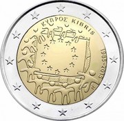 Cyprus 2 Euro 30th Anniversary of the Flag of Europe 2015 KM# 102 ΚΥΠΡΟΣ KIBRIS 1985-2015 ΓΣ coin obverse Cyprus 2 Euro 30th Anniversary of the Flag of Europe 2015 KM# 102 ΚΥΠΡΟΣ KIBRIS 1985-2015 ΓΣ coin obverse