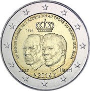 Luxembourg 2 Euro (50th Anniversary Grand-Duke) 50E ANNIVERSAIRE DE L’ACCESSION AU TRÔNE DU GRAND-DUC JEAN JEAN 2014 HENRI coin obverse Luxembourg 2 Euro (50th Anniversary Grand-Duke) 50E ANNIVERSAIRE DE L’ACCESSION AU TRÔNE DU GRAND-DUC JEAN JEAN 2014 HENRI coin obverse