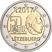 Luxembourg 2 Euro (50th Anniversary of the Foundation of the Luxembourg Army) 2017 50 JOER FRAIWELLEGEN-ARMEI LETZEBUERG coin obverse Luxembourg 2 Euro (50th Anniversary of the Foundation of the Luxembourg Army) 2017 50 JOER FRAIWELLEGEN-ARMEI LETZEBUERG coin obverse
