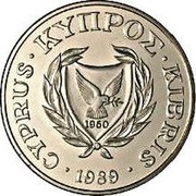 Cyprus 20 Cents Type 1 coat of arms 1989 Proof KM# 62.1 CYPRUS ∙ ΚΥΠΡΟΣ ∙ KIBRIS 1960 ∙ 1989 ∙ coin obverse