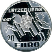 Luxembourg 20 EURO Michel Lentz 1997 Proof LËTZEBUERG 1997 20 EURO coin reverse Luxembourg 20 EURO Michel Lentz 1997 Proof LËTZEBUERG 1997 20 EURO coin reverse