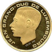 Luxembourg 20 Francs 150th Anniversary of the Grand Duchy 1989 Proof KM# 64 JEAN GRAND DUC DE LUXEMBOURG 1/5 OZ 999 coin obverse Luxembourg 20 Francs 150th Anniversary of the Grand Duchy 1989 Proof KM# 64 JEAN GRAND DUC DE LUXEMBOURG 1/5 OZ 999 coin obverse