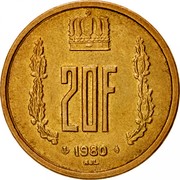 Luxembourg 20 Francs 1980 KM# 58 Standard Coinage Resumed 20F 1980 NJL coin reverse Luxembourg 20 Francs 1980 KM# 58 Standard Coinage Resumed 20F 1980 NJL coin reverse