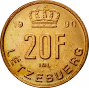 Luxembourg 20 Francs 1990 KM# 67 Standard Coinage Resumed 19 90 20F IML LËTZEBUERG coin reverse Luxembourg 20 Francs 1990 KM# 67 Standard Coinage Resumed 19 90 20F IML LËTZEBUERG coin reverse