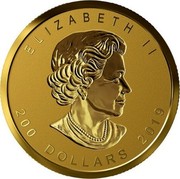 Canada 200 Dollars 40th Anniversary of the Gold Maple Leaf 2019 ELIZABETH II 200 DOLLARS 2019 coin obverse Canada 200 Dollars 40th Anniversary of the Gold Maple Leaf 2019 ELIZABETH II 200 DOLLARS 2019 coin obverse