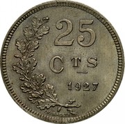 Luxembourg 25 Centimes 1927 KM# 37 Standard Coinage Resumed 25 CTS 1927 EVERAERTS coin reverse Luxembourg 25 Centimes 1927 KM# 37 Standard Coinage Resumed 25 CTS 1927 EVERAERTS coin reverse