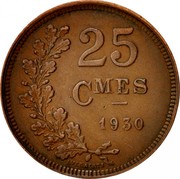 Luxembourg 25 Centimes 1930 KM# 42 Standard Coinage Resumed 25 CMES 1930 EVERAERTS coin reverse Luxembourg 25 Centimes 1930 KM# 42 Standard Coinage Resumed 25 CMES 1930 EVERAERTS coin reverse