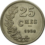 Luxembourg 25 Centimes 1938 KM# 42a.2 Standard Coinage Resumed 25 CMES 1938 EVERAERTS coin reverse Luxembourg 25 Centimes 1938 KM# 42a.2 Standard Coinage Resumed 25 CMES 1938 EVERAERTS coin reverse