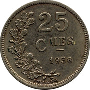 Luxembourg 25 Centimes 1938 KM# 42a.1 Standard Coinage Resumed 25 CMES 1938 EVERAERTS coin reverse Luxembourg 25 Centimes 1938 KM# 42a.1 Standard Coinage Resumed 25 CMES 1938 EVERAERTS coin reverse