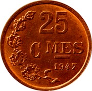 Luxembourg 25 Centimes 1947 KM# 45 Standard Coinage Resumed 25 CMES 1946 coin reverse Luxembourg 25 Centimes 1947 KM# 45 Standard Coinage Resumed 25 CMES 1946 coin reverse