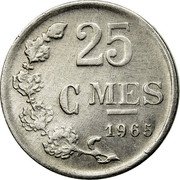 Luxembourg 25 Centimes Grand Duchy 1965 KM# 45a.1 25 CMES 1967 coin reverse Luxembourg 25 Centimes Grand Duchy 1965 KM# 45a.1 25 CMES 1967 coin reverse