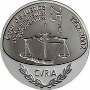 Luxembourg 25 Euro European Court System 2002 (u) Proof KM# 83 COUR DE JUSTICE DES COMMUNAUTÉS EUROPÉENNES 25 EURO 1952-2002 CVRIA coin reverse