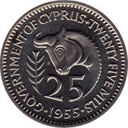 Cyprus 25 Mils Elizabeth II - 1st portrait 1955 KM# 35 GOVERNMENT OF CYPRUS ∙ TWENTY FIVE MILS 25 ∙1955∙ coin reverse