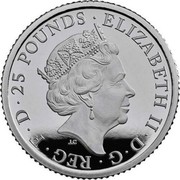 UK 25 Pounds The Britannia 2019 Proof ELIZABETH II•D•G•REG•F•D•25 POUNDS• coin obverse UK 25 Pounds The Britannia 2019 Proof ELIZABETH II•D•G•REG•F•D•25 POUNDS• coin obverse