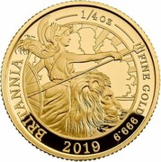 UK 25 Pounds The Britannia 2019 Proof BRITANIA ---¼ OZ--- FINE GOLD 999.9 2019 coin reverse UK 25 Pounds The Britannia 2019 Proof BRITANIA ---¼ OZ--- FINE GOLD 999.9 2019 coin reverse
