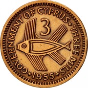 Cyprus 3 Mils Elizabeth II - 1st portrait 1955 KM# 33 GOVERNMENT OF CYPRUS + THREE MILS 3 + 1955 + coin reverse