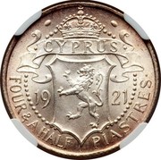 Cyprus 4-1/2 Piastres George V 1921 KM# 15 CYPRUS 19 21 FOUR & A HALF PIASTRES coin reverse