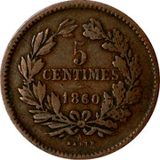 Luxembourg 5 Centimes 1860 A KM# 22.2 Standard Coinage Resumed 5 CENTIMES 1855 A BARTH coin reverse Luxembourg 5 Centimes 1860 A KM# 22.2 Standard Coinage Resumed 5 CENTIMES 1855 A BARTH coin reverse