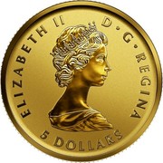 Canada 5 Dollars 40th Anniversary of the Gold Maple Leaf 2019 ELIZABETH II D • G • REGINA 5 DOLLARS coin obverse Canada 5 Dollars 40th Anniversary of the Gold Maple Leaf 2019 ELIZABETH II D • G • REGINA 5 DOLLARS coin obverse