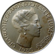 Luxembourg 5 Francs 1980 Proof KM# 51a Standard Coinage Resumed CHARLOTTE GRANDE DUCHESSE DE LUXEMBOURG J.N.LEFEVRE 1980 coin obverse