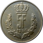 Luxembourg 5 Francs Jean. Grand Duchy 1980 Proof KM# 56a 5F 1980 coin reverse Luxembourg 5 Francs Jean. Grand Duchy 1980 Proof KM# 56a 5F 1980 coin reverse