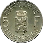 Luxembourg 5 Francs 1980 Proof KM# 51a Standard Coinage Resumed GRAND DUCHE DE 5 F JNL LUXEMBOURG coin reverse