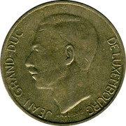 Luxembourg 5 Francs 1986 KM# 60.1 Standard Coinage Resumed 19 86 5F IML coin obverse Luxembourg 5 Francs 1986 KM# 60.1 Standard Coinage Resumed 19 86 5F IML coin obverse