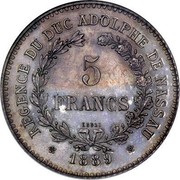Luxembourg 5 Francs Adolphe 1889 KM# E20 RÉGENCE DU DUC ADOLPHE DE NASSAU 5 FRANCS ESSAI 1889 coin reverse Luxembourg 5 Francs Adolphe 1889 KM# E20 RÉGENCE DU DUC ADOLPHE DE NASSAU 5 FRANCS ESSAI 1889 coin reverse